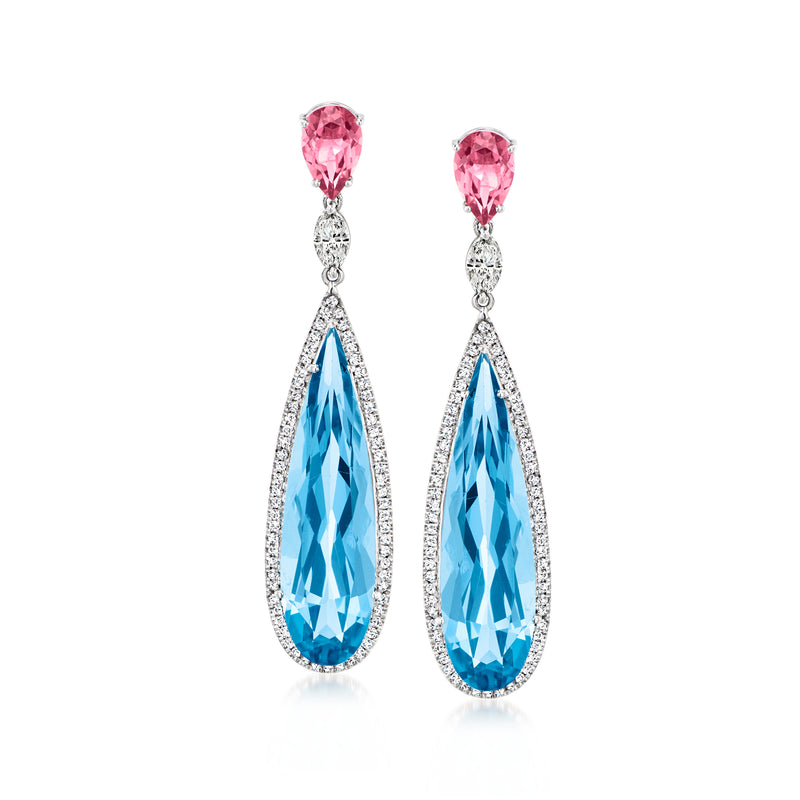 Teardrop drop earrings in 18kt white gold with pink topaz, blue Swiss topaz, and diamond accents