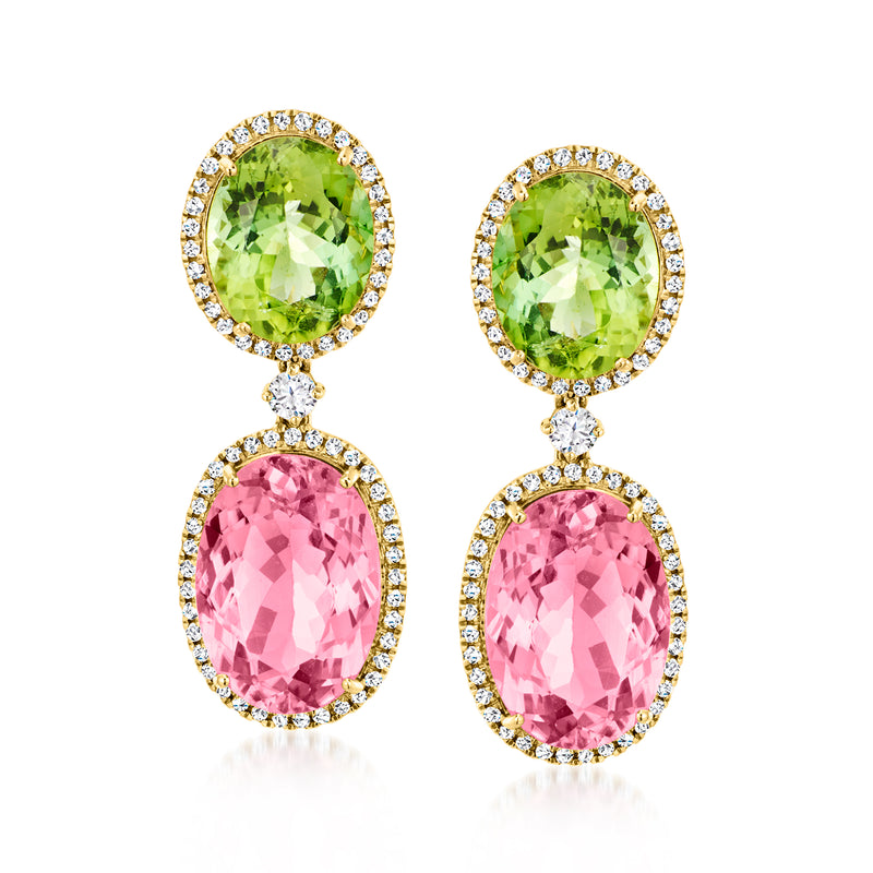 Yellow gold drop earrings with green and pink tourmalines and diamond halos