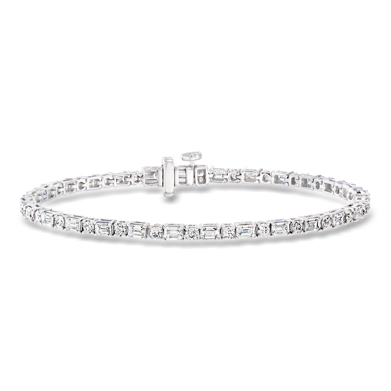14kt white gold diamond tennis bracelet with round and emerald-cut stones, box clasp