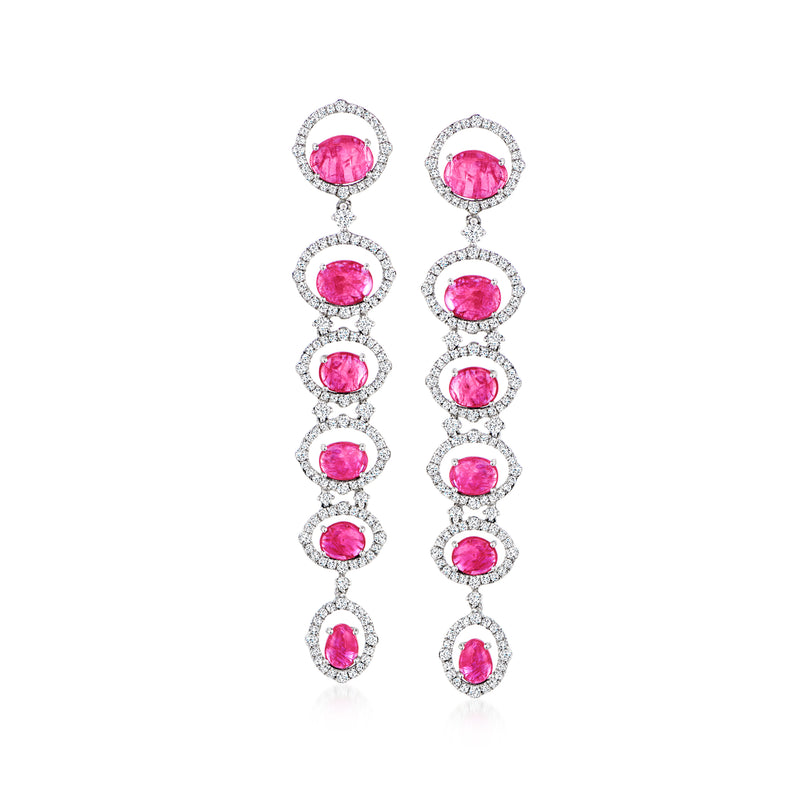 Ruby and diamond drop earrings, pink oval stones in white gold with diamond halos