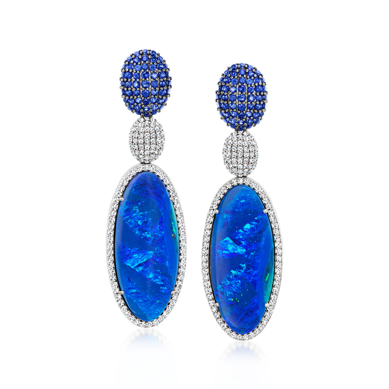Black opal, sapphire and diamond drop earrings in white gold