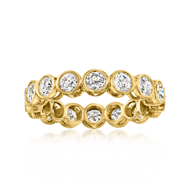 14kt yellow gold bezel-set diamond eternity band with round stones, full-circle design