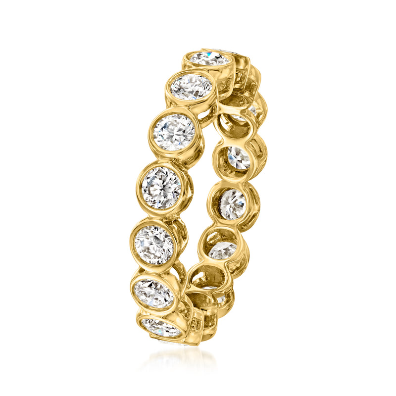 14kt yellow gold bezel-set round diamond eternity band, side view