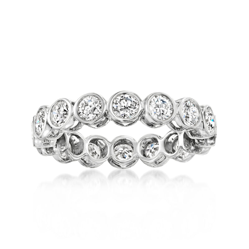 White gold eternity band with bezel-set round lab-grown diamonds, glossy stone settings