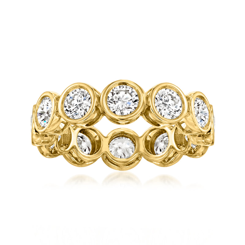 Yellow gold bezel-set diamond eternity band with round stones in a continuous ring