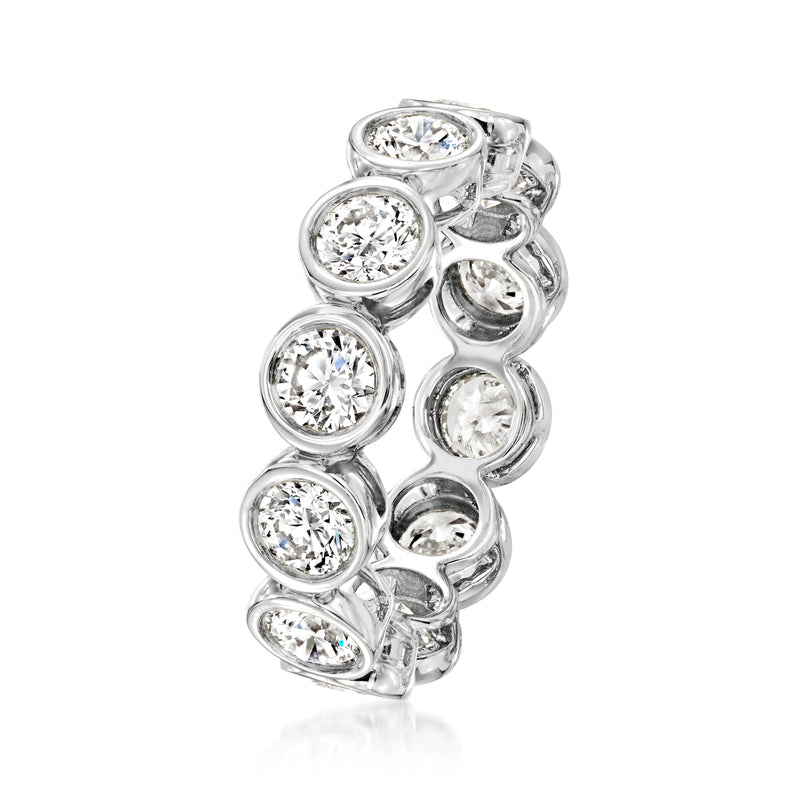 Bezel-set round diamond eternity band, white gold, side view of linked settings