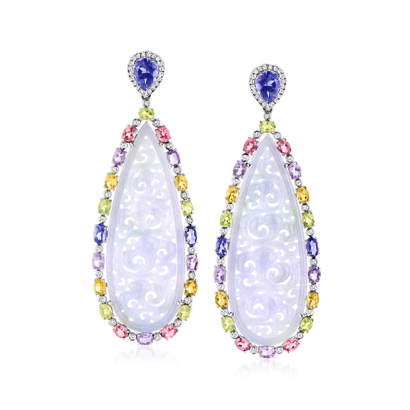 Oval carved lavender jade drop earrings with colorful gemstone halo and diamond top