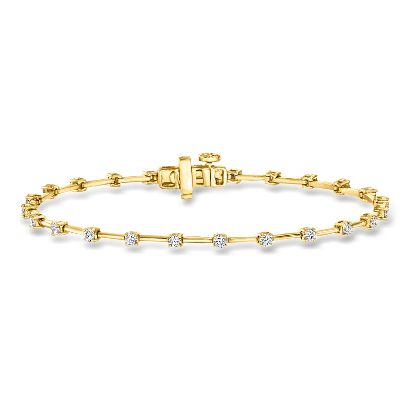 Gold station bracelet with round diamond links and box clasp