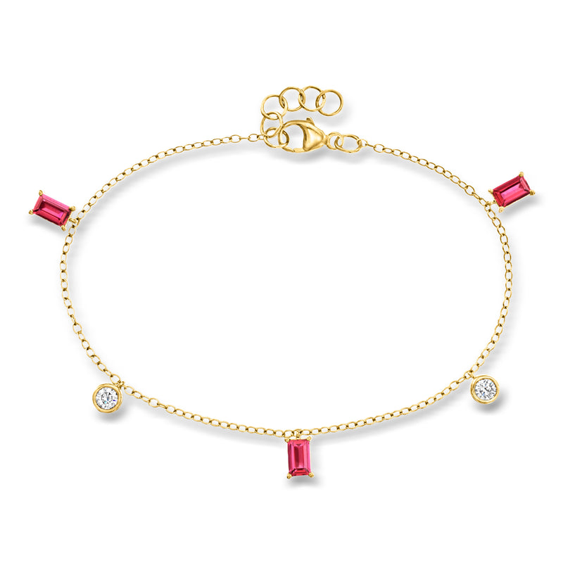 18kt gold vermeil station bracelet with red baguette gems and round diamond accents