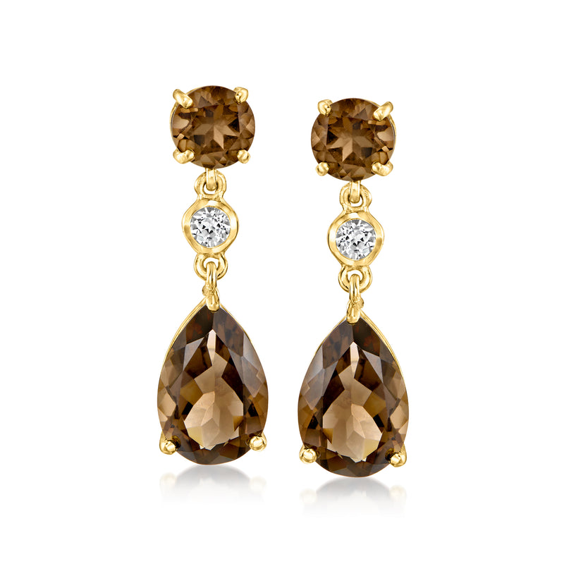 Gold drop earrings with smoky quartz teardrops, white topaz round accents, dangling pair