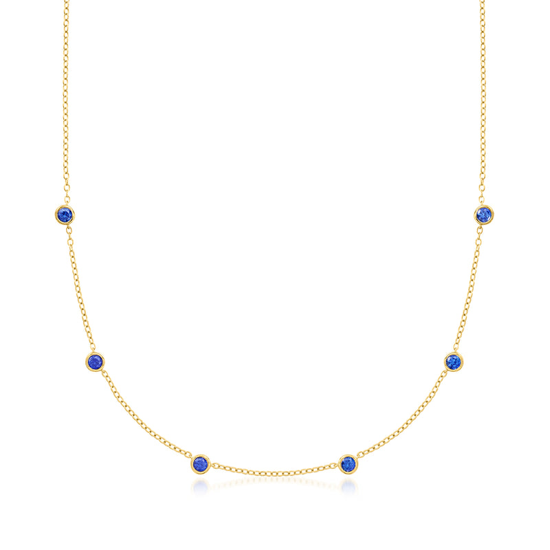 18kt gold over sterling sapphire station necklace, bezel-set blue round stones