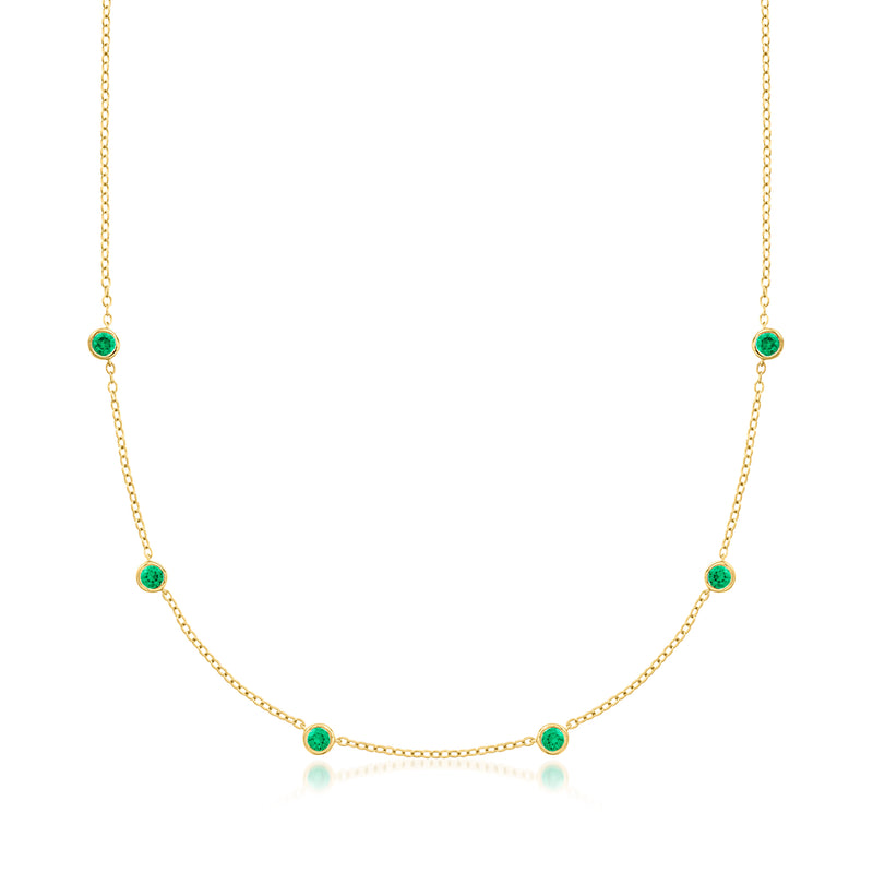 18kt gold over sterling emerald station necklace with five bezel-set round green stones