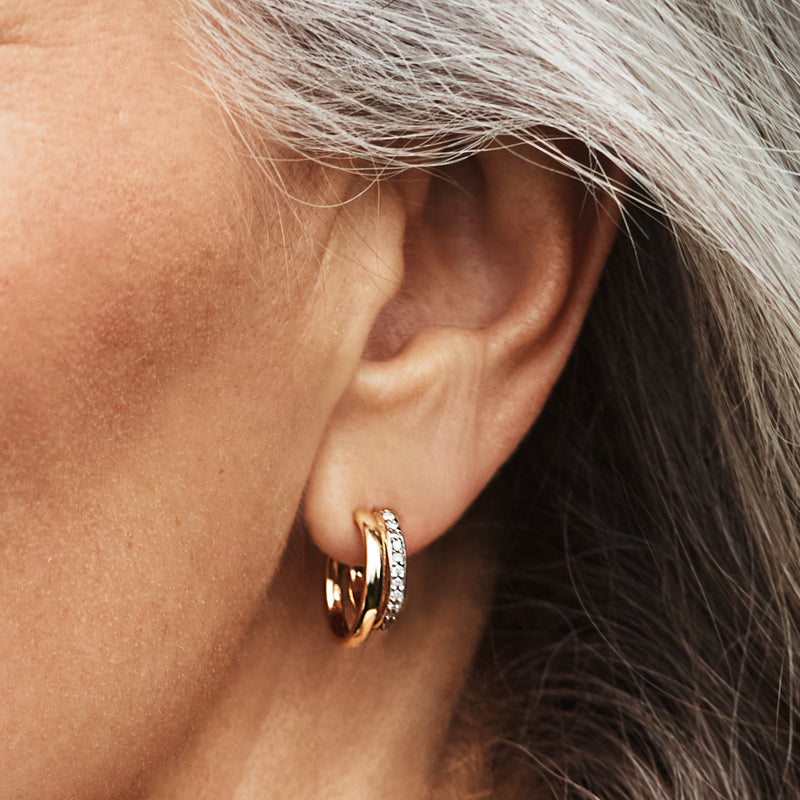 14kt yellow gold double-hoop earrings with diamond accents