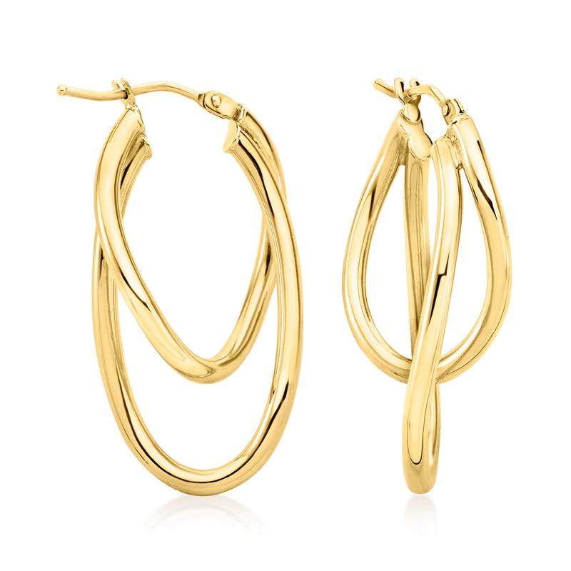 14kt yellow gold double hoop earrings with hinged clasp, polished finish