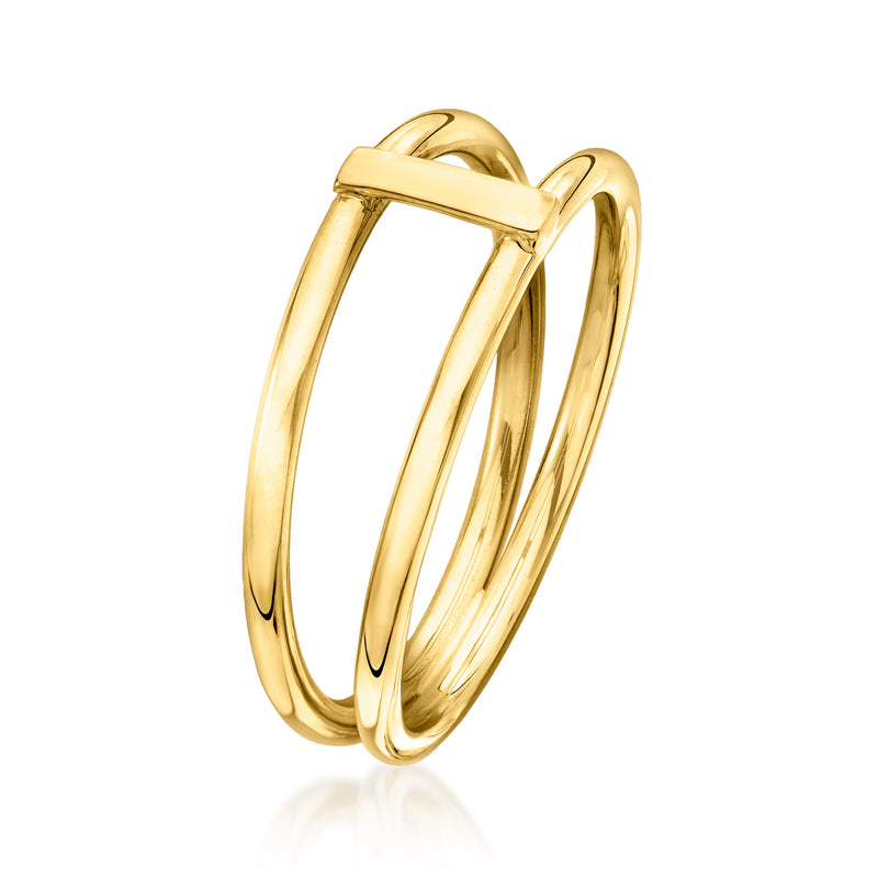10kt yellow gold open-space bar ring, side view with vertical bar between bands