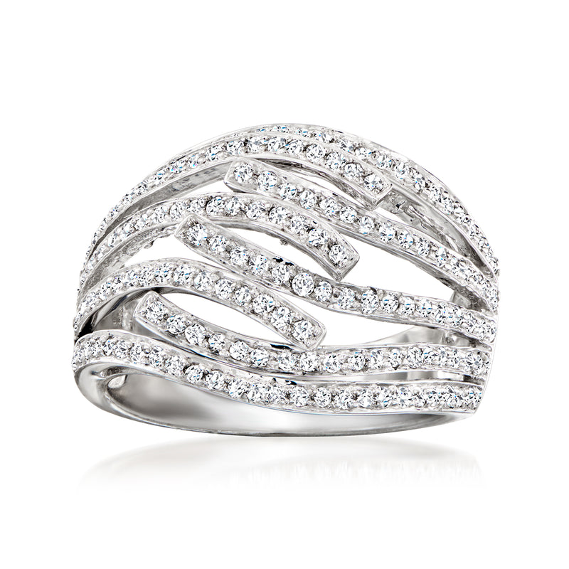 Multi-row diamond band ring in 14kt white gold, curved with channel-set stones