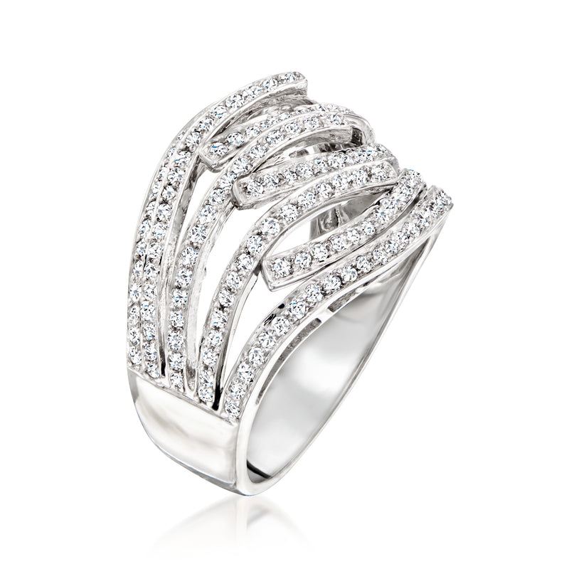 Channel-set diamond multi-row ring in 14kt white gold, angled view