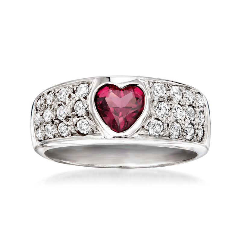 Vintage white gold heart ring with pink-red rhodolite center and diamond accents