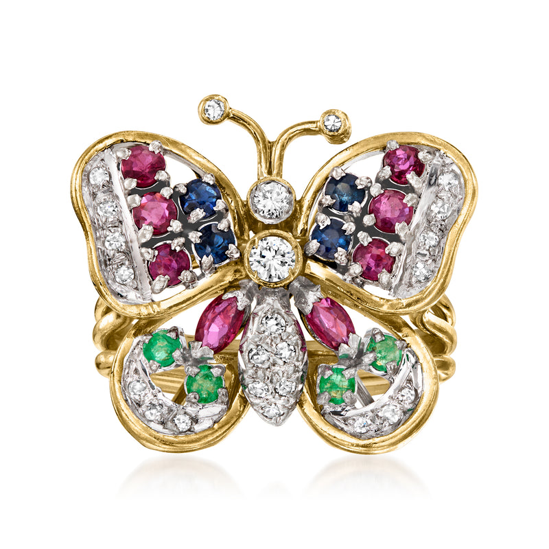 Vintage butterfly ring in 14kt yellow gold with multicolor gemstones and diamond accents
