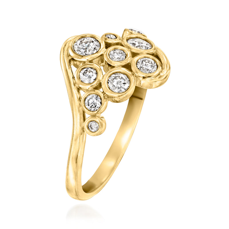 14kt yellow gold bezel-set diamond ring with clustered round stones, angled view