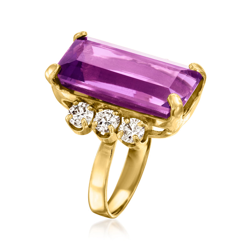 14kt yellow gold amethyst and diamond ring, side view with prong-set stones