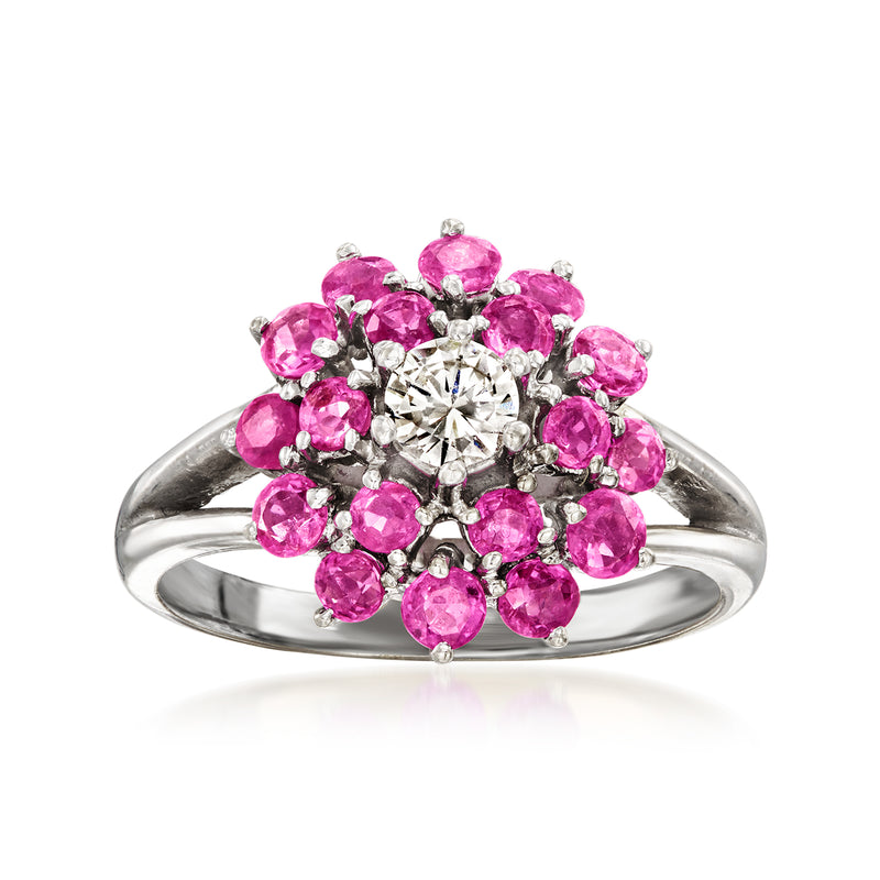 14kt white gold ruby and diamond cluster ring, round prong-set stones