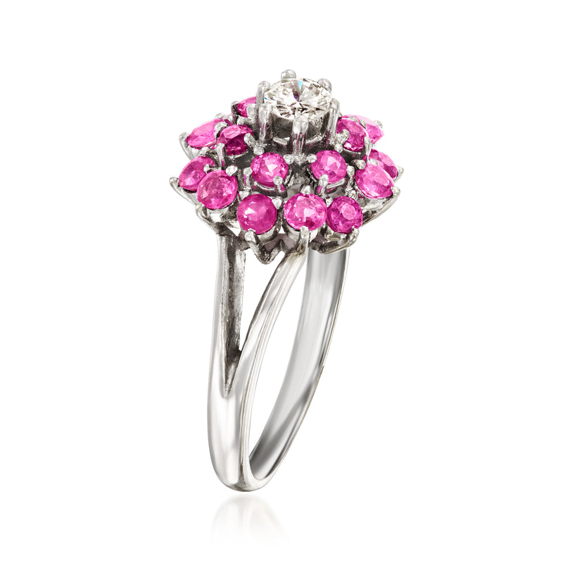 14kt white gold ring with round center diamond and pink ruby halo cluster, side view