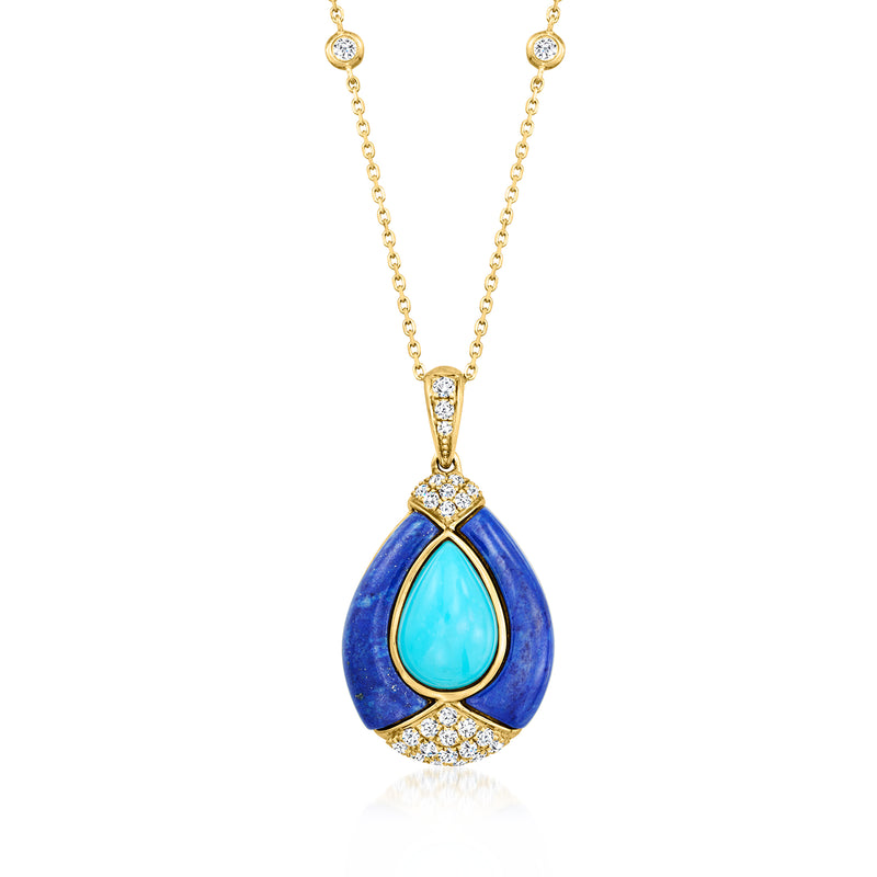 14kt yellow gold pendant necklace with turquoise teardrop, lapis blue, and diamond accents
