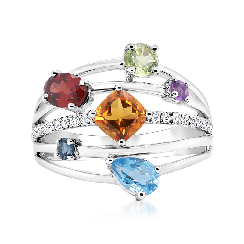 Sterling silver multi-row gemstone ring with red, orange, green, purple, and blue stones