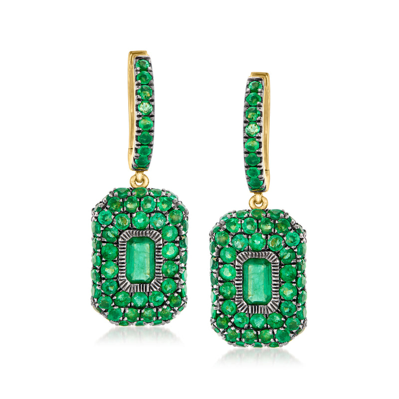 18kt yellow gold emerald green drop earrings, square halo with rectangular center