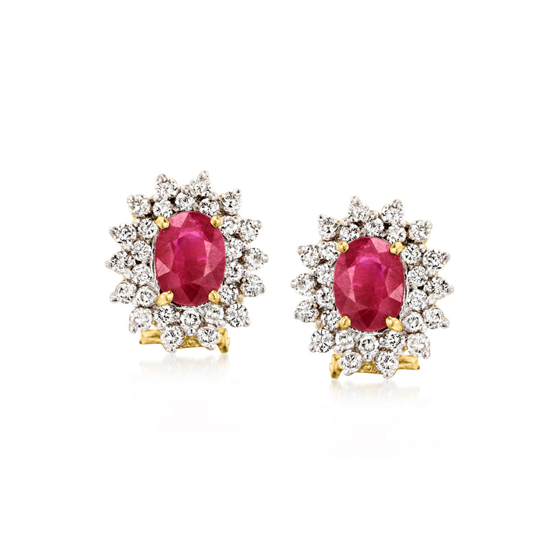 14kt yellow gold ruby and diamond stud earrings, oval red center with diamond halo
