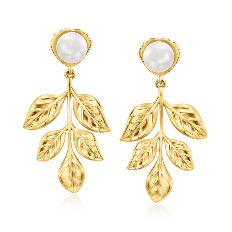 Gold leaf cluster drop earrings with round cultured pearl tops, 18kt gold over sterling