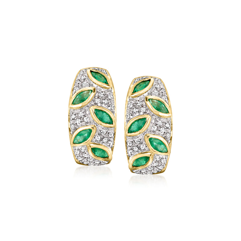 Vintage curved 14kt yellow gold earrings with emerald and diamond leaf accents