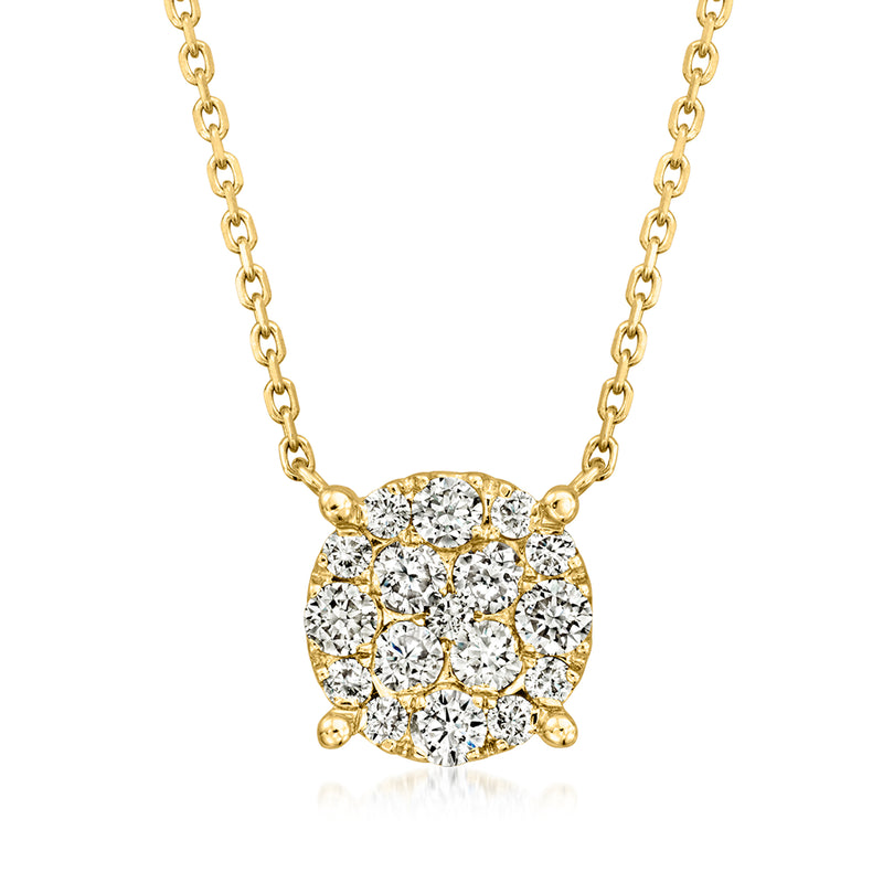 10kt yellow gold diamond cluster necklace with round brilliant-cut stones pendant