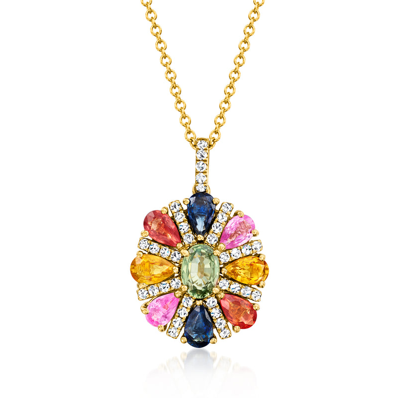 14kt yellow gold pendant necklace with multicolored sapphire cluster and diamond halo
