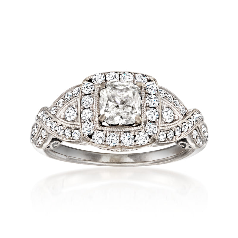 Vintage 14kt white gold diamond ring with cushion-cut center stone and halo