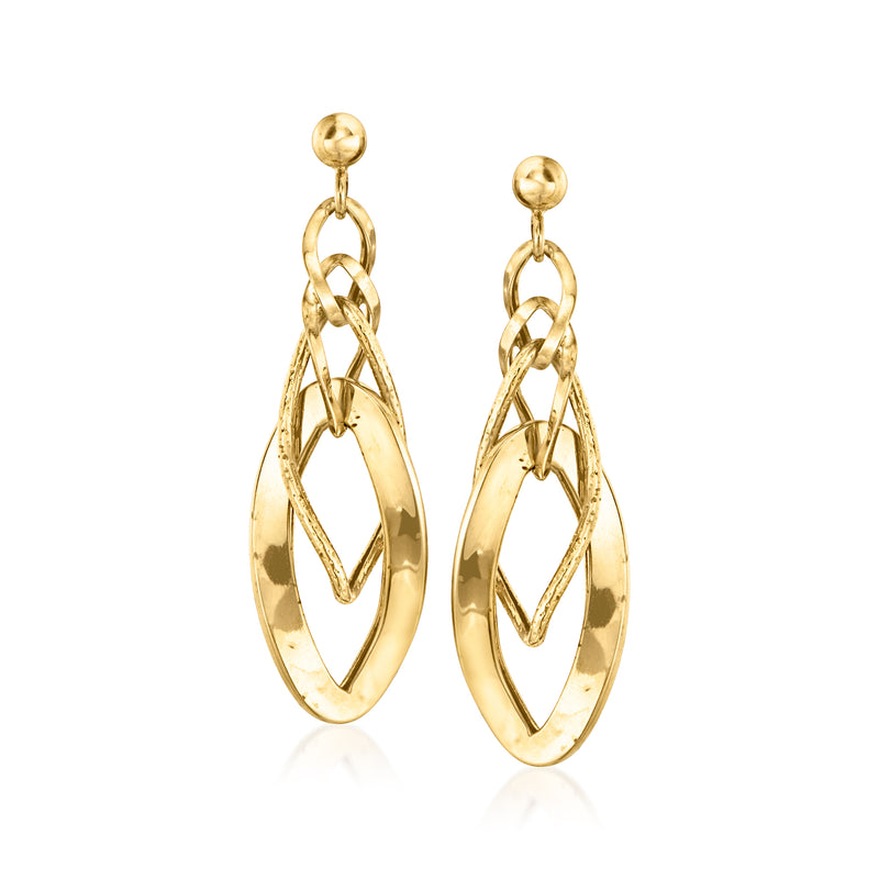 Vintage 14kt yellow gold interlocking oval drop earrings, open oval with charm links
