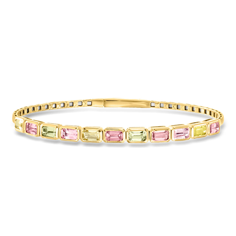 14kt yellow gold tennis bracelet with pink and green sapphire bar settings