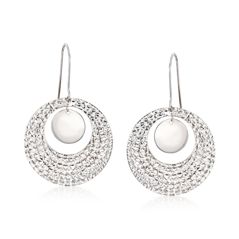 Vintage 14kt white gold disc drop earrings with textured halo and round disc