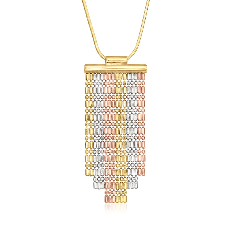 Tri-colored gold tassel necklace with rectangular chain-mesh pendant and long fringe.