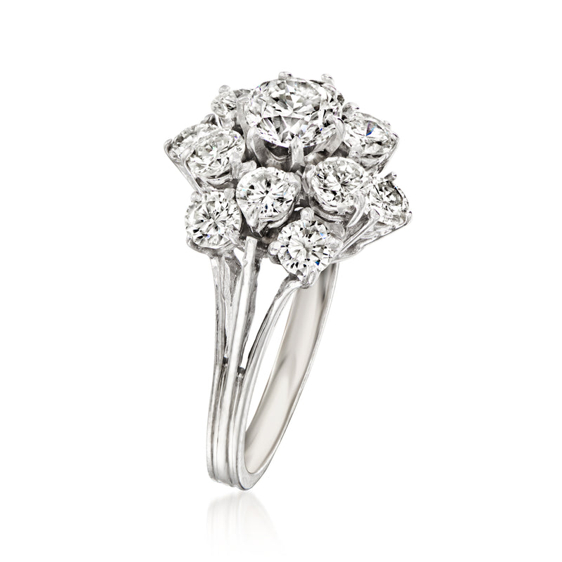 14kt white gold diamond cluster ring, side view with prong-set round diamonds