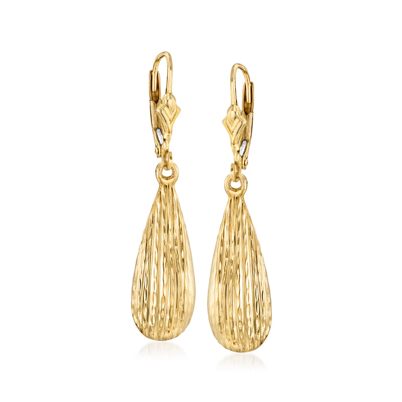 Vintage 14kt yellow gold teardrop leverback earrings, textured tassel drops