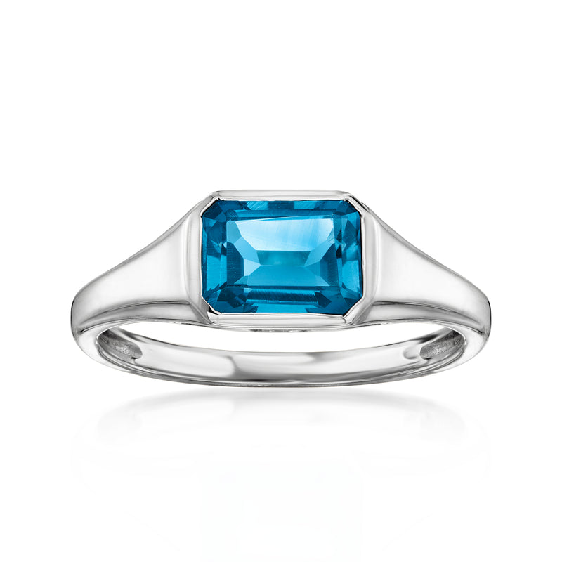 Sterling silver ring with rectangular blue topaz center stone