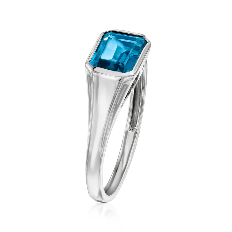 Sterling silver ring with rectangular blue topaz, faceted gemstone view