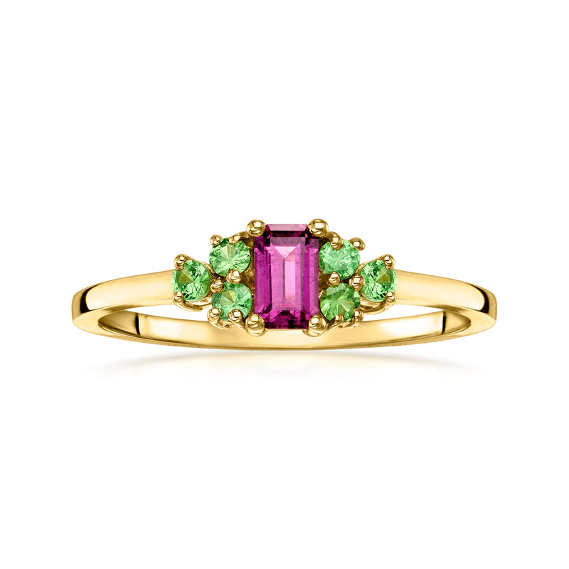 14kt yellow gold ring with pink rhodolite center and green tsavorite accents