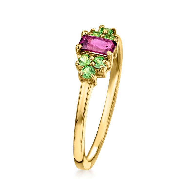 14kt yellow gold ring with square pink rhodolite center stone and green side stones