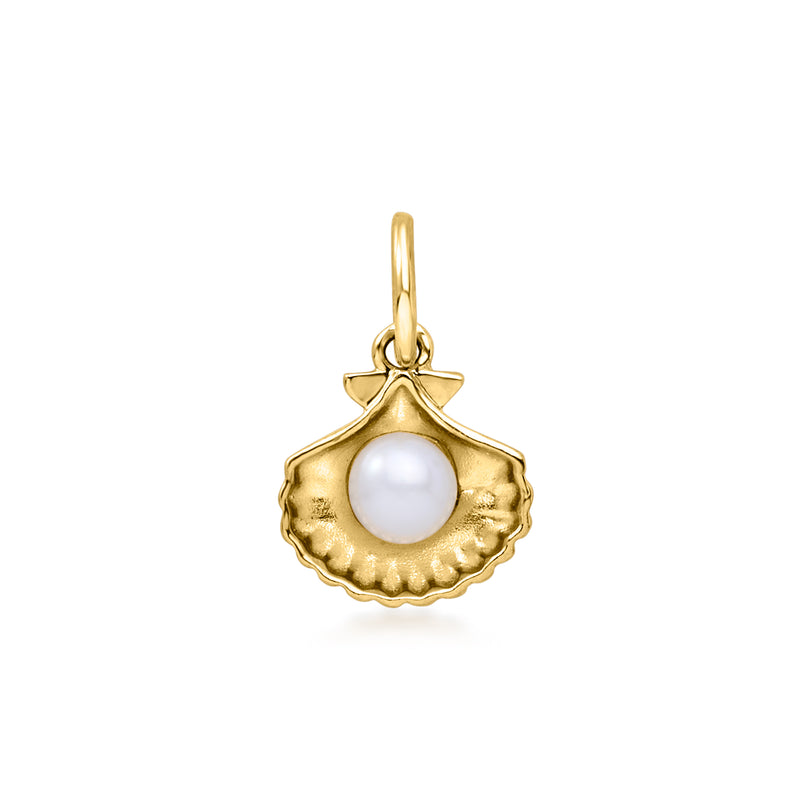 14kt yellow gold seashell charm with 3.5–4mm cultured pearl, hanging bail