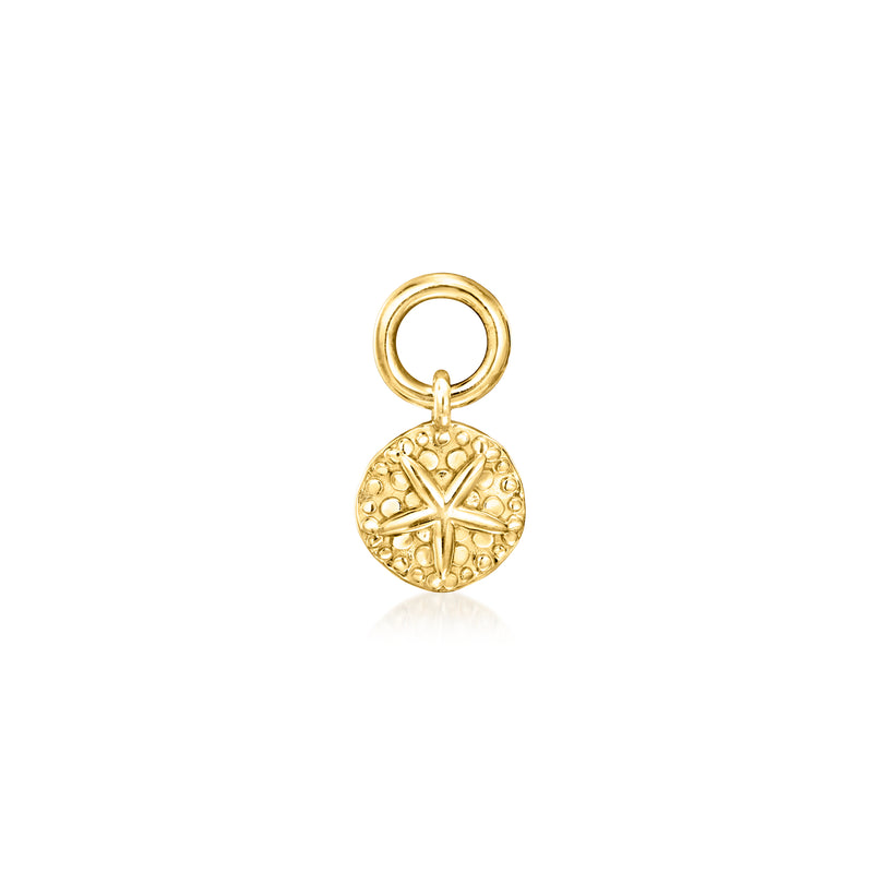 14kt yellow gold sand dollar hoop charm with round bail and textured star pattern