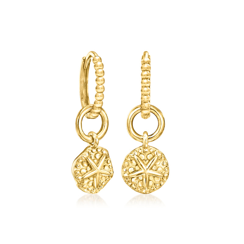14kt yellow gold sand dollar hoop charms, side view with beaded hoop and dangling coin charm