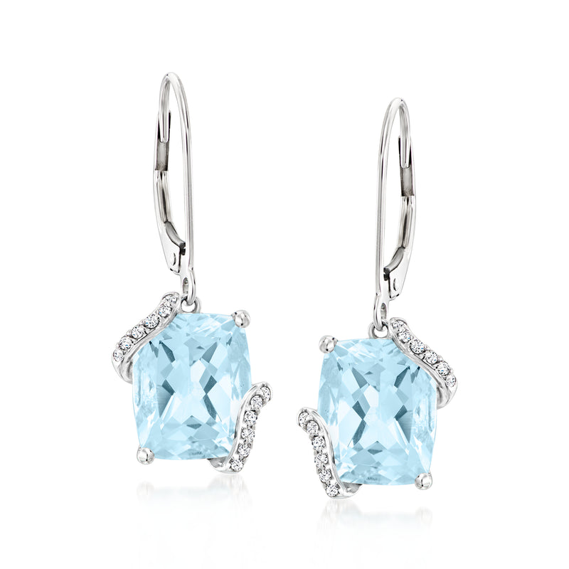Sky blue topaz drop earrings with diamond halo, set in 14kt white gold, leverback